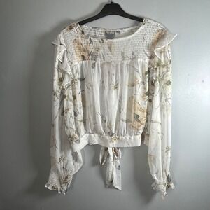 Arula Women Floral Chiffon Smocked Ruffle Tie Back Blouse White ET1028A-P Size A